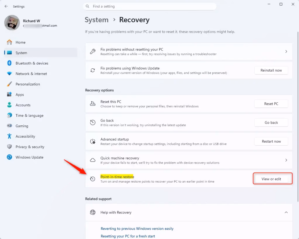 View or edit button for Windows 11 point-in-time restore