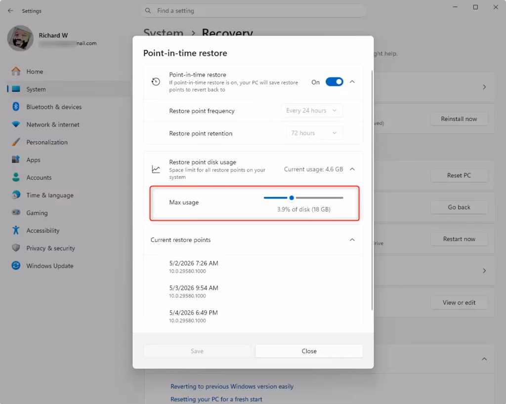 Slider for adjusting maximum disk usage for restore points