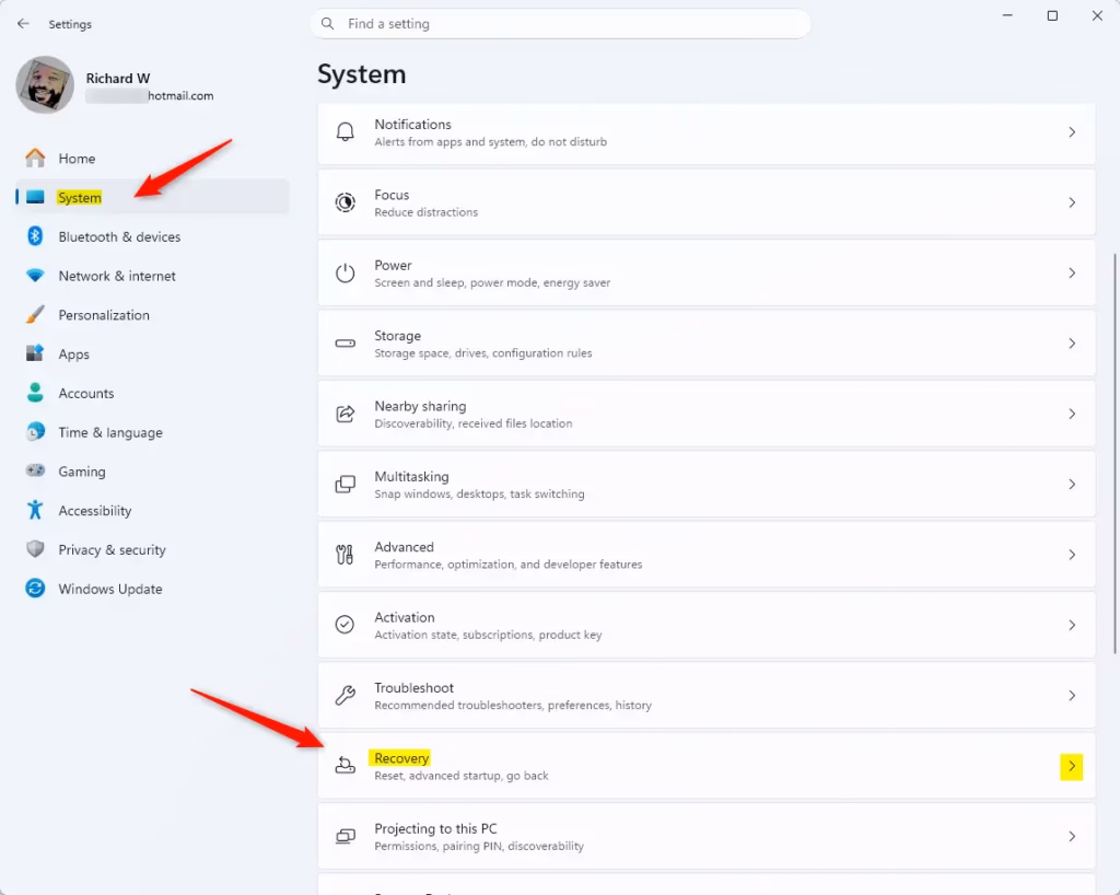 Recovery menu option within Windows 11 system settings