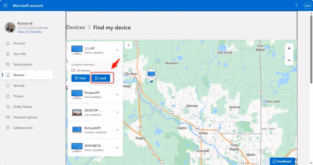 Confirmation screen for remotely locking a Windows 11 device.