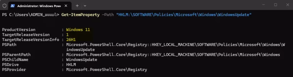 PowerShell command interface used to specify target Windows feature update versions