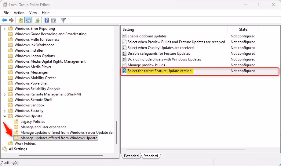 Local Group Policy Editor window for specifying target feature update versions
