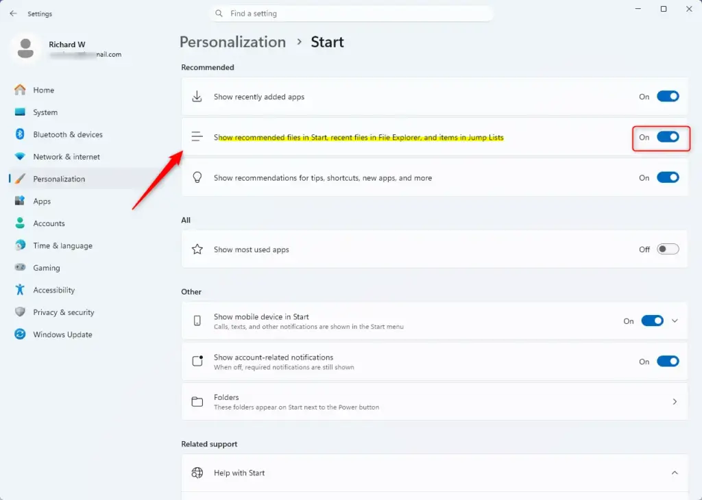 Windows 11 Settings: Show recommended files in Start, recent files, jump lists.