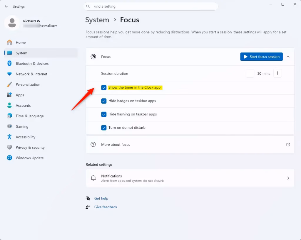 Checkbox to enable or disable the timer in Windows 11 Clock