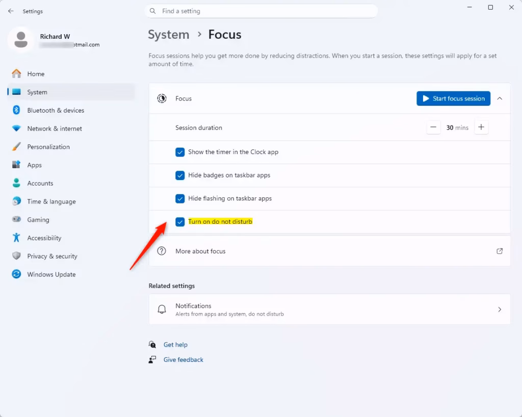 Settings menu option to enable Do Not Disturb during Focus sessions