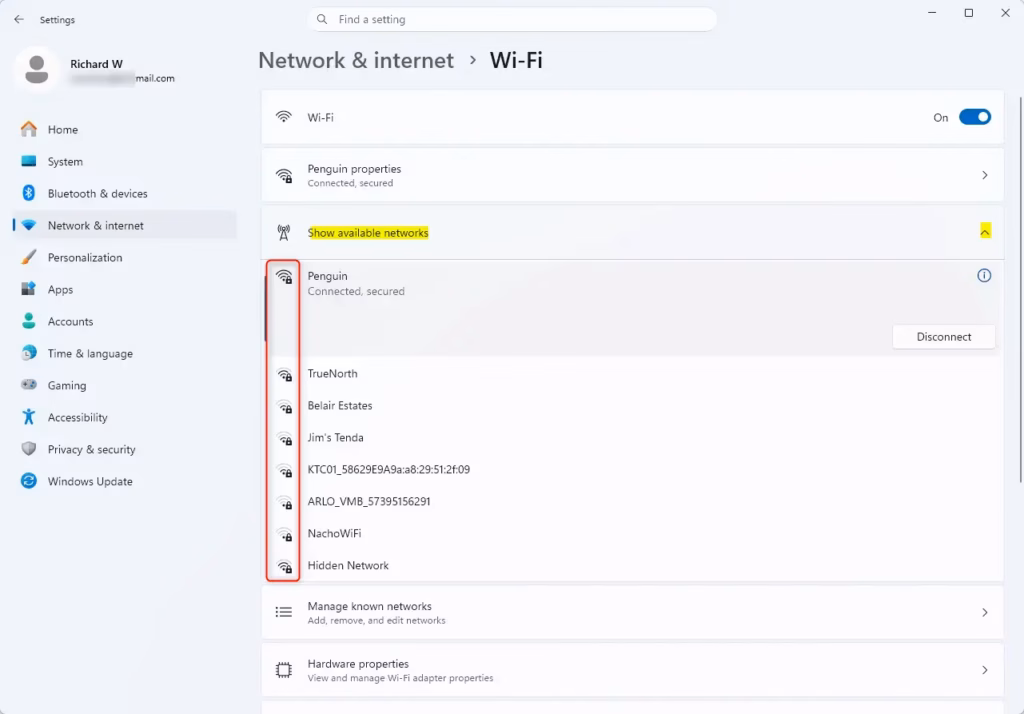 Available networks list displaying Wi-Fi signal strength in Windows 11 Settings