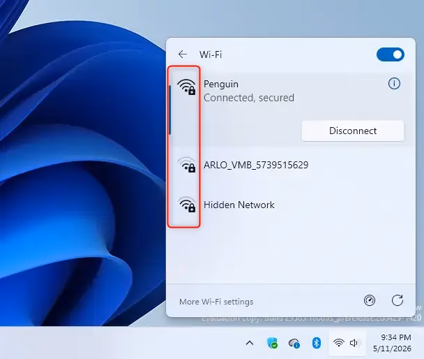 List of available Wi-Fi networks showing signal strength in Quick Settings