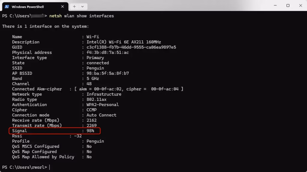 Command prompt terminal displaying Wi-Fi signal quality statistics