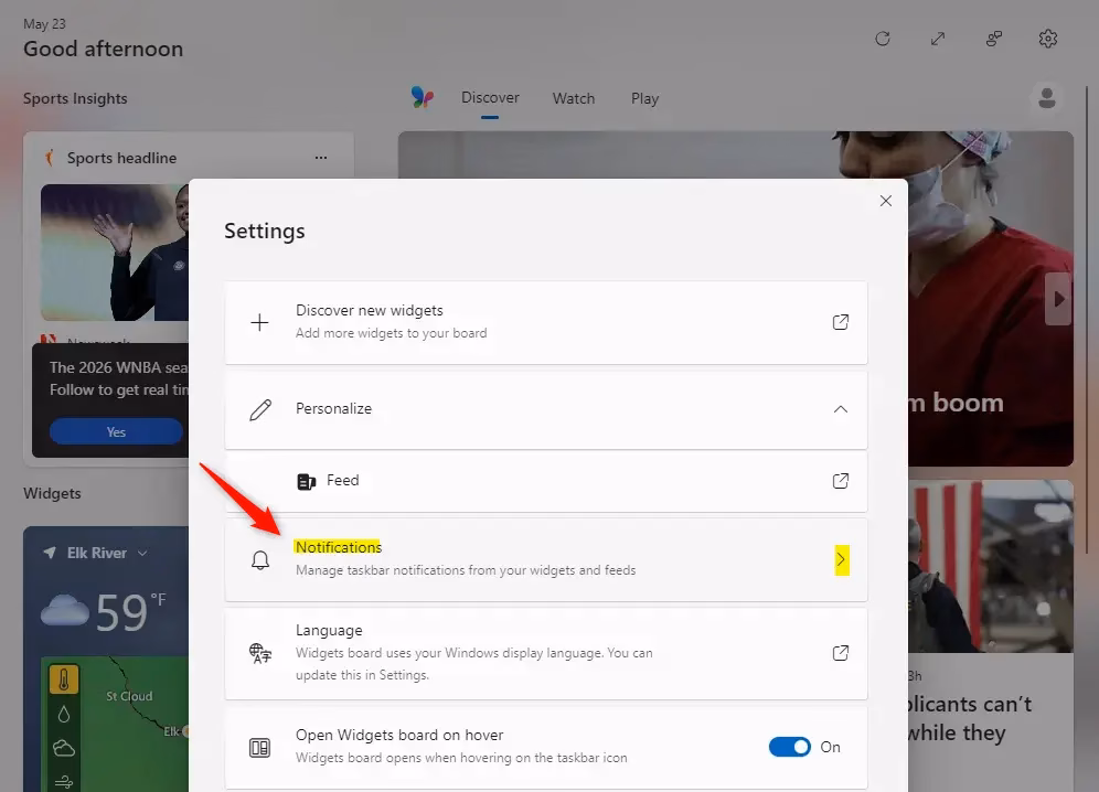 Widgets notification settings panel in Windows 11.