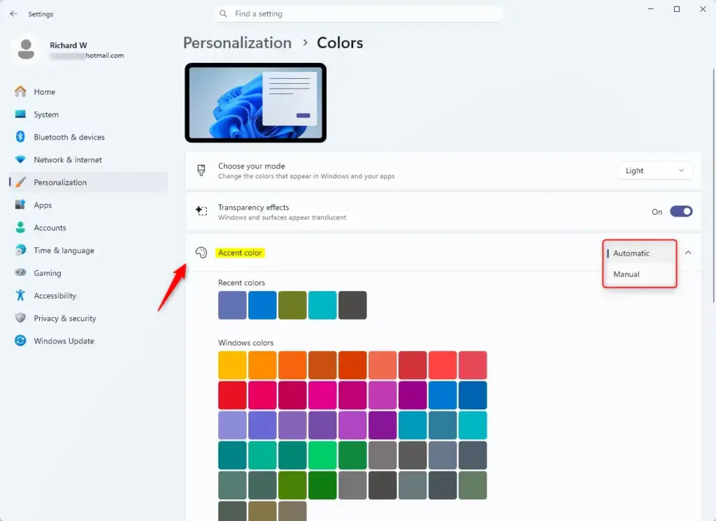 Windows 11 accent color selection menu in Personalization settings.