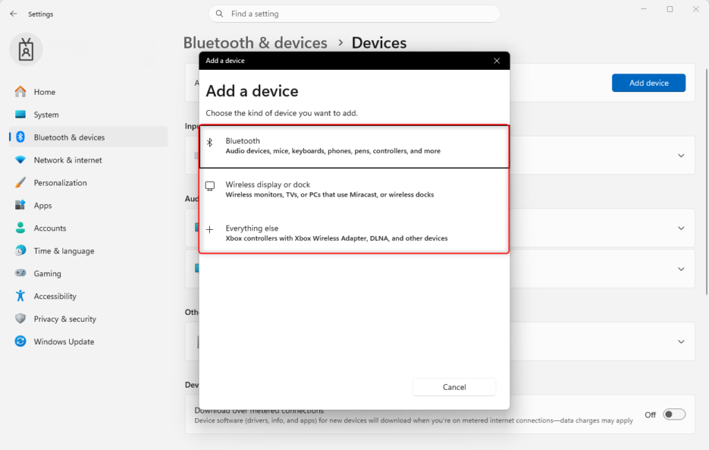 Add a device option in Windows 11 settings menu.