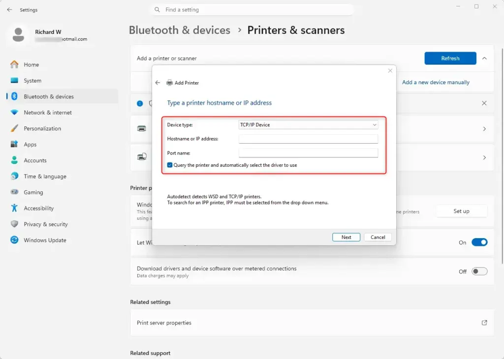 Windows 11 Add printer using TCP/IP address or hostname.