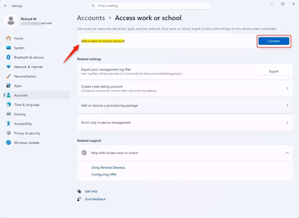 Add a work or school account tile in Windows 11 settings.