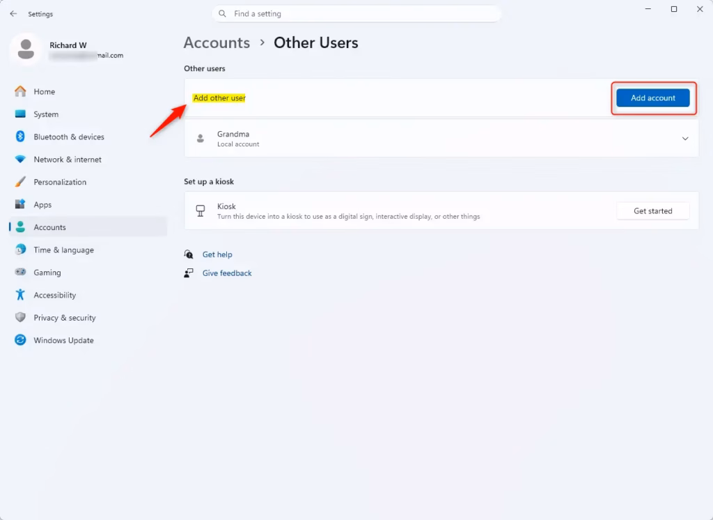 Add account button in Windows 11 settings for managing user accounts.