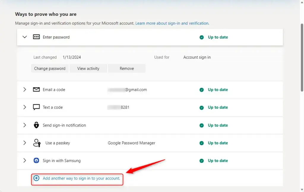 Option to add another way to sign in to your Microsoft account.