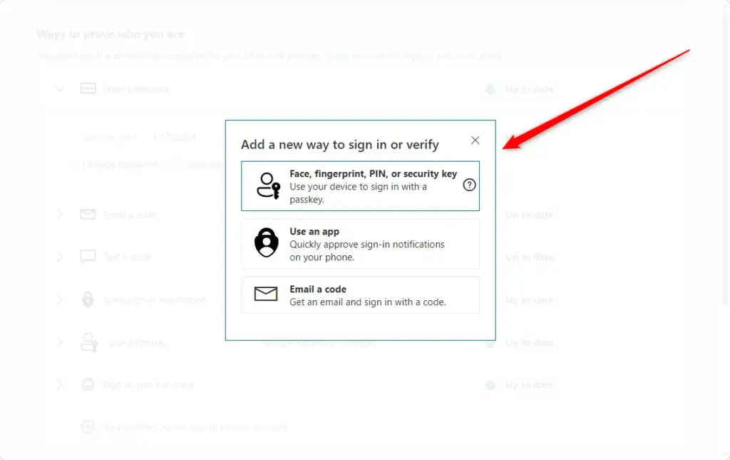 Setting up a new sign-in method for your Microsoft account.