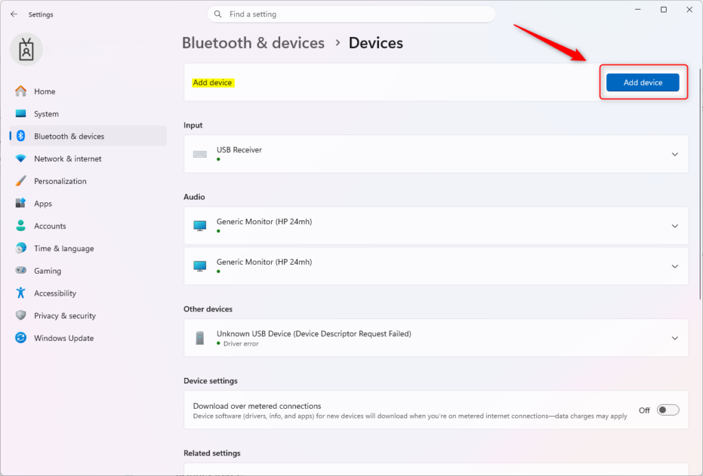 Add device button highlighted in Windows 11 Devices settings.