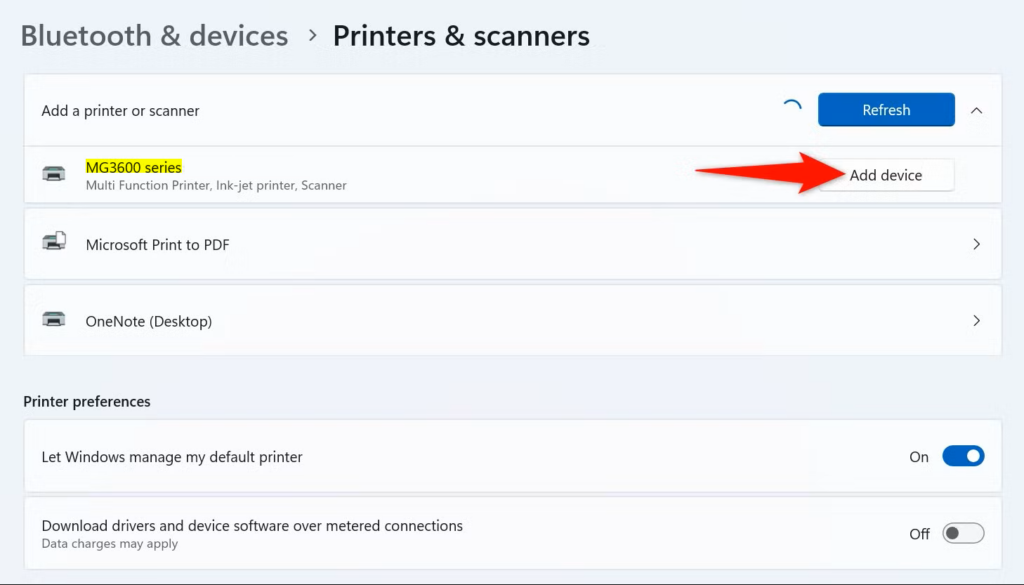 Windows 11 Add device screen searching for wireless printers.