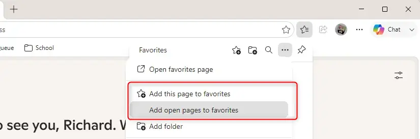 Microsoft Edge toolbar showing selection for adding multiple favorites.