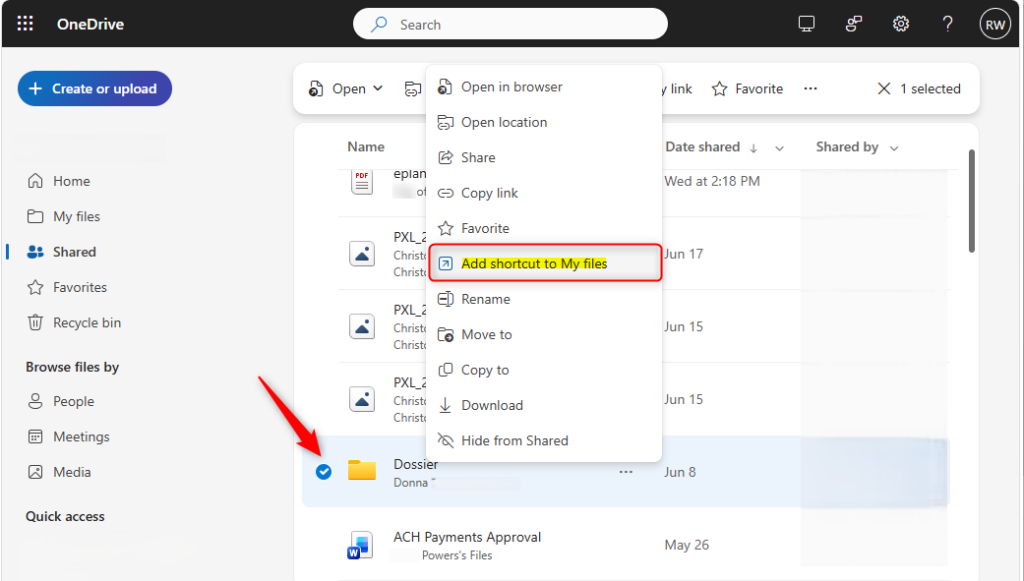 Adding a shortcut to 'My files' in OneDrive online.