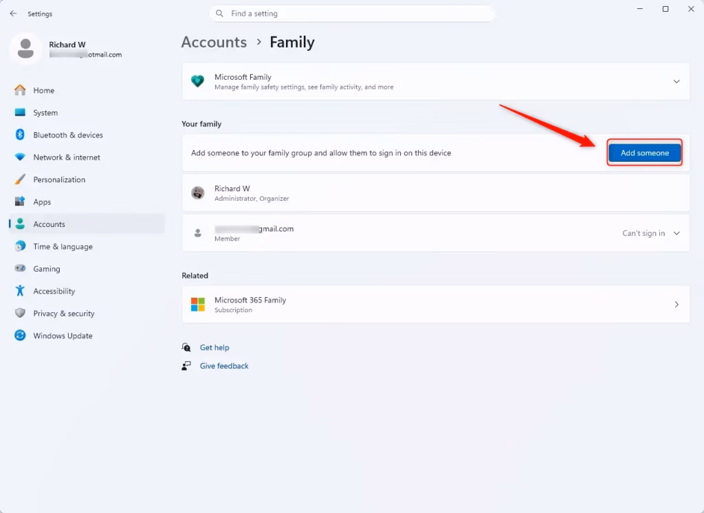 Windows 11 Family settings 'Add family member' button highlighted.