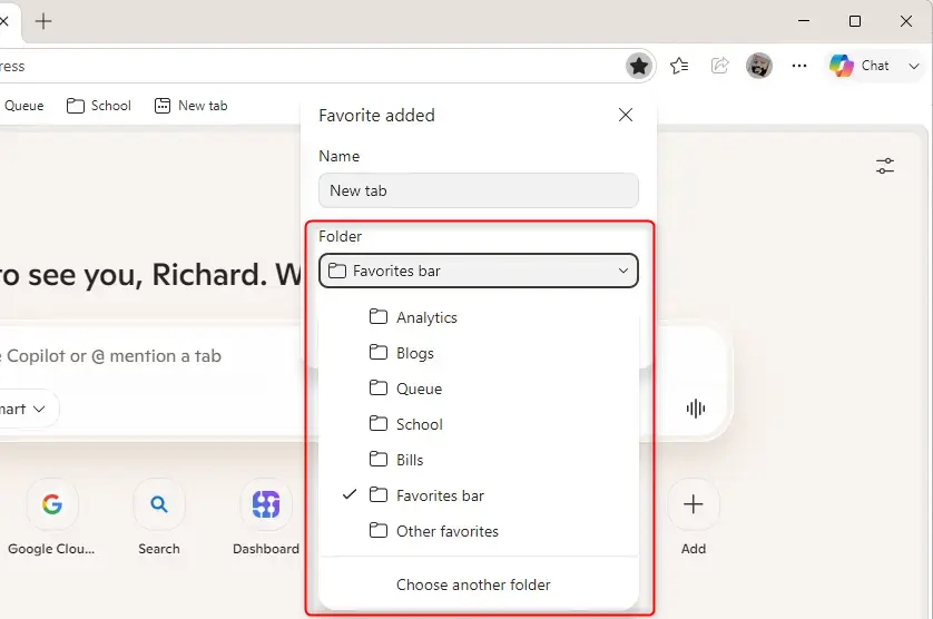 Microsoft Edge favorites window to choose folder for saving.