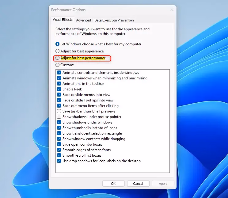 Adjusting Windows 11 visual effects for best performance settings