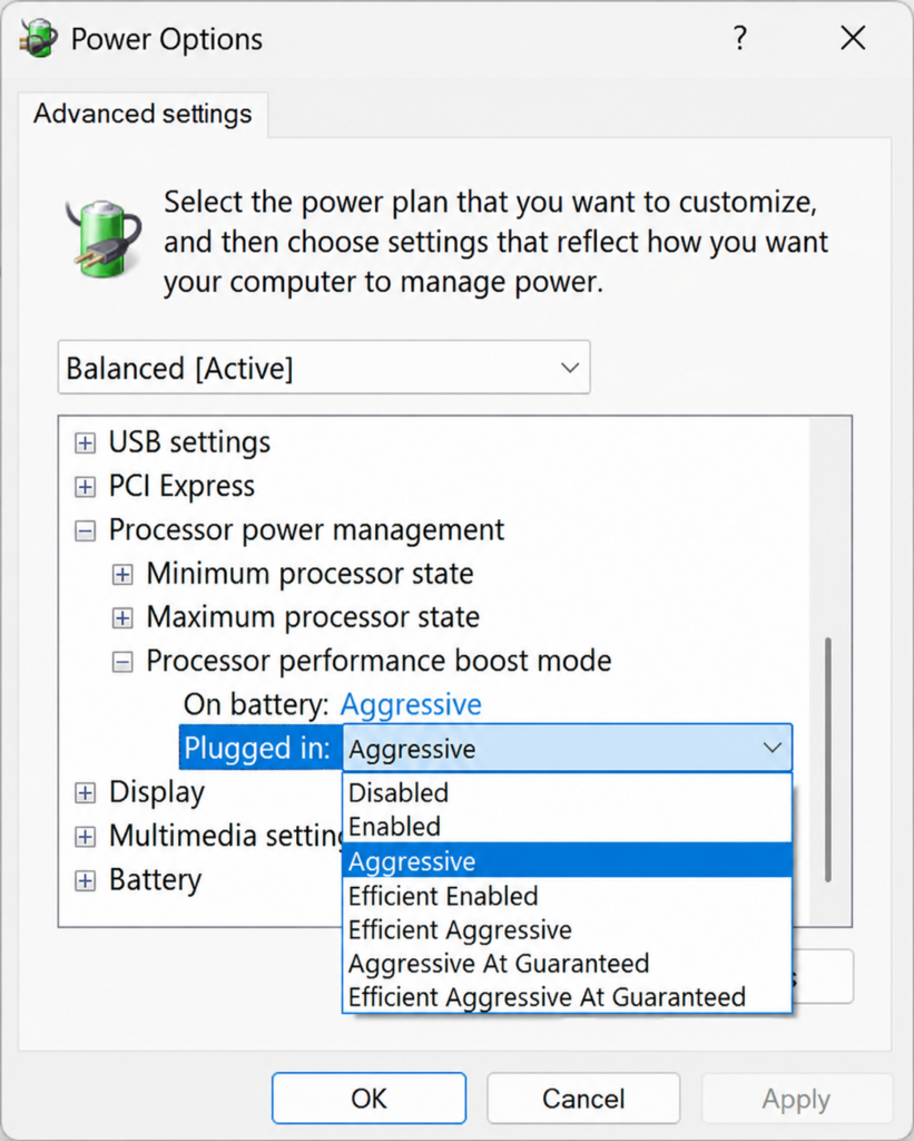Windows 11 advanced power options showing processor performance boost mode settings.