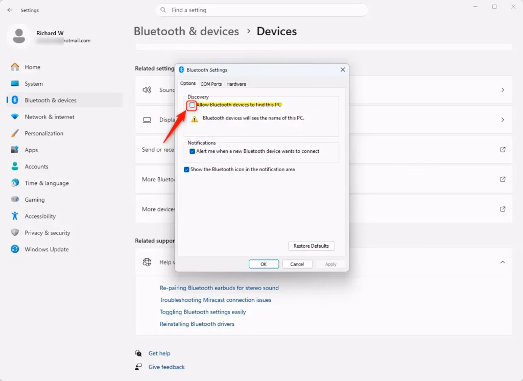 Windows 11 toggle to allow Bluetooth devices to find this PC.