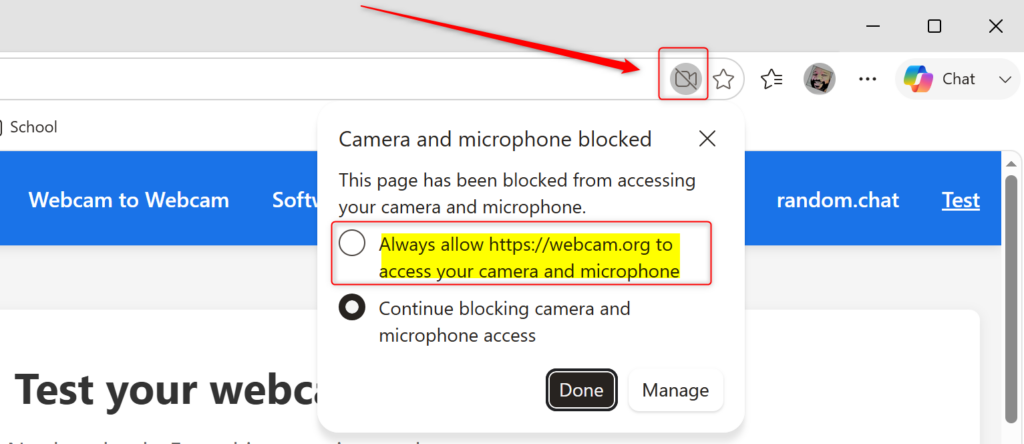 Edge browser prompt to allow site to use camera and microphone.