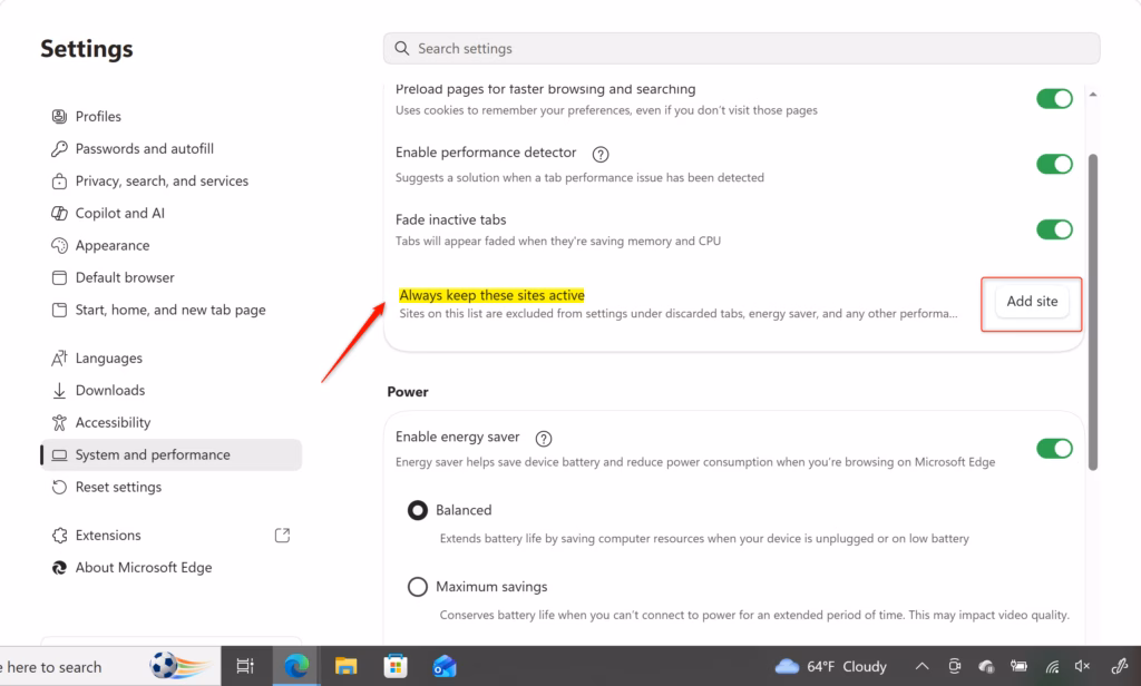 Microsoft Edge 'Always keep these sites active' setting screen.