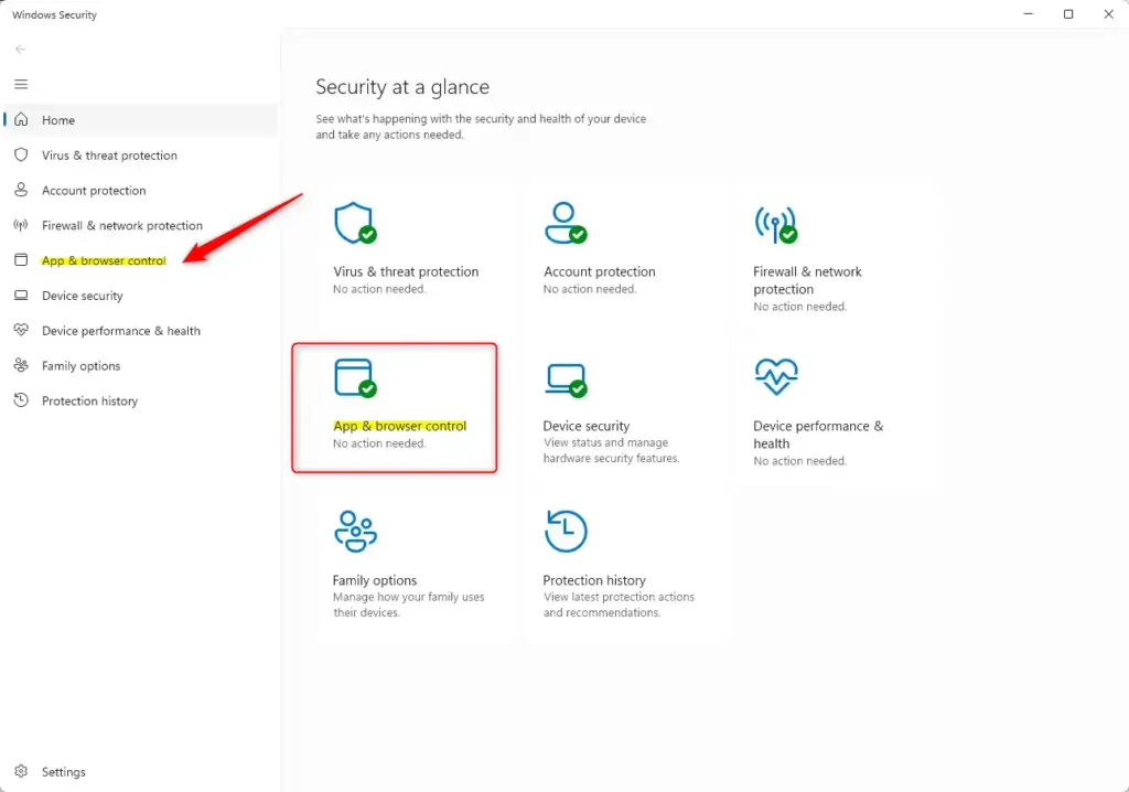 Windows Security App and browser control settings for Smart App Control.