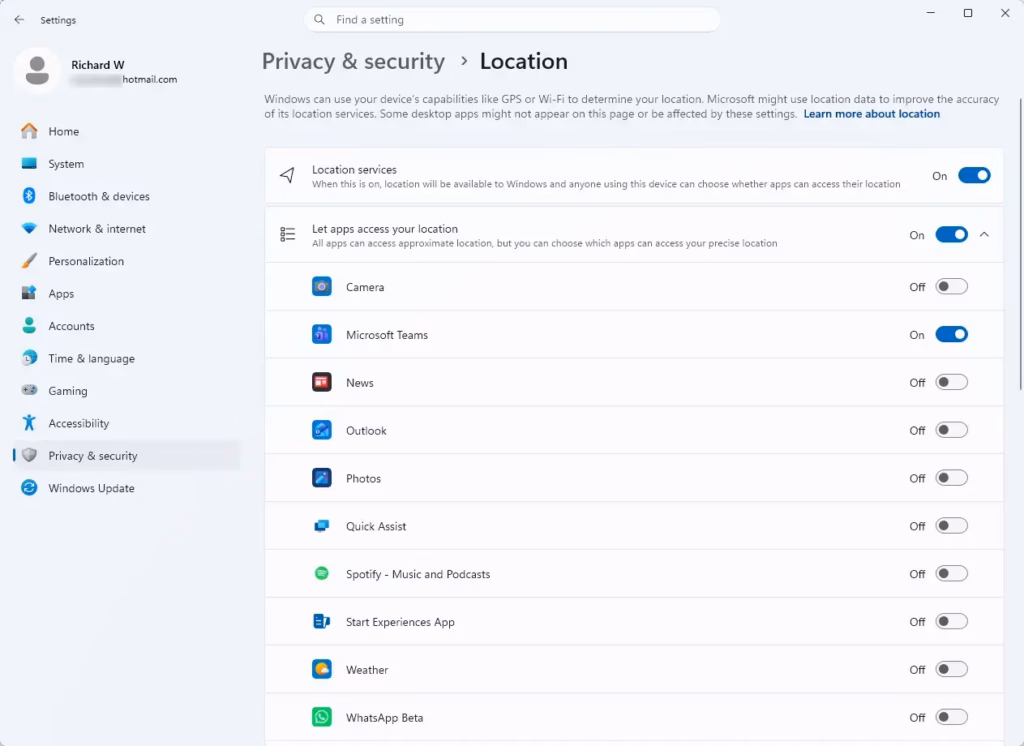 Managing app permissions for location access in Windows 11.