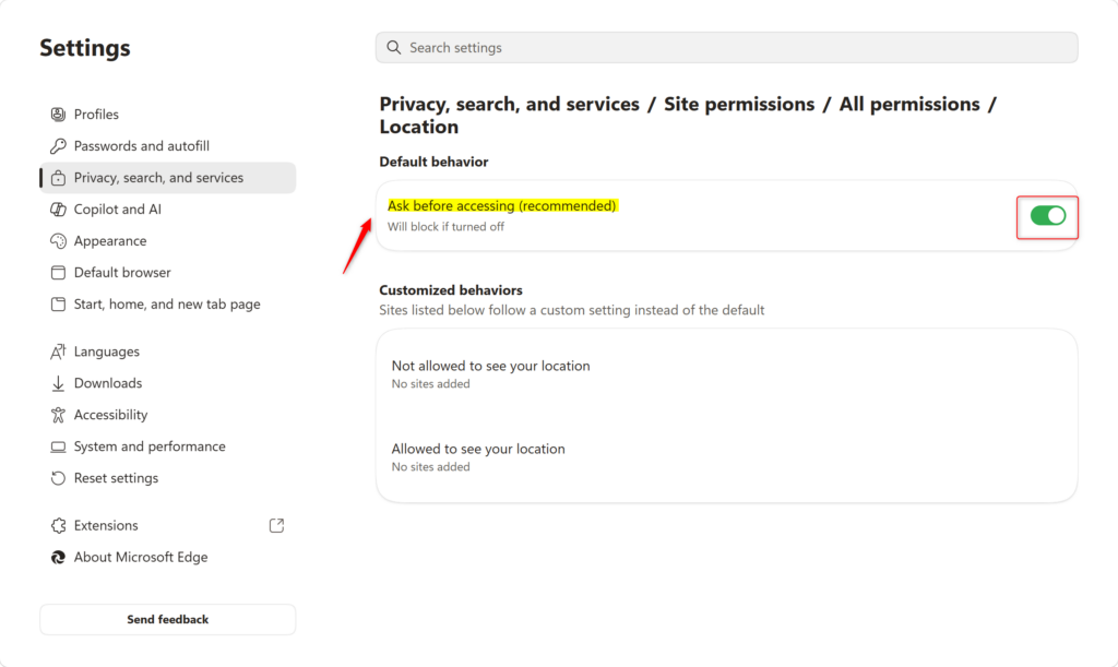 Microsoft Edge setting to ask before accessing location.