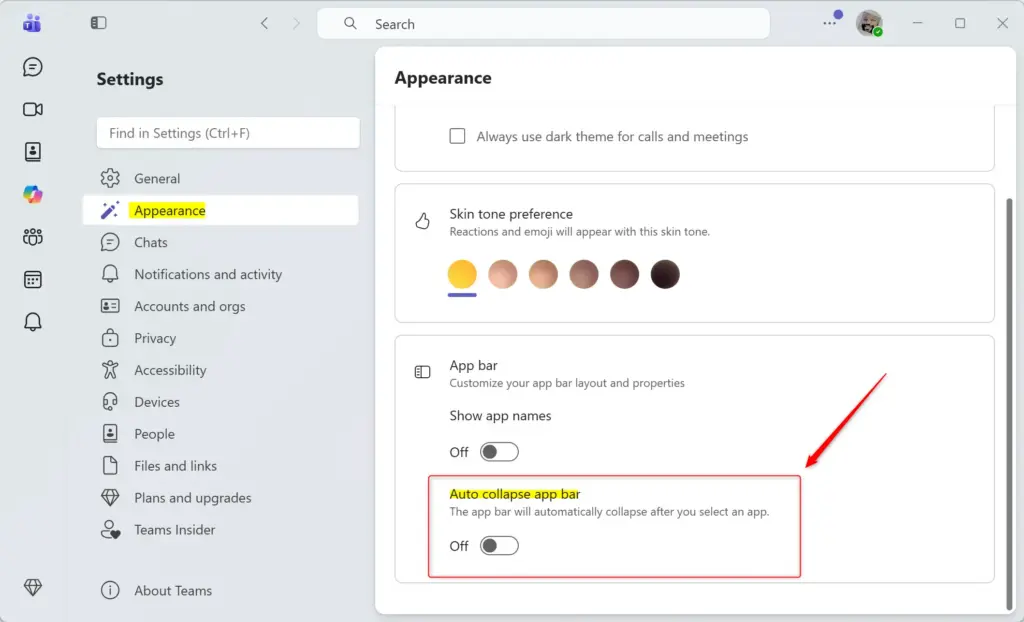 Microsoft Teams settings window showing appearance options and auto-collapse app bar toggle.