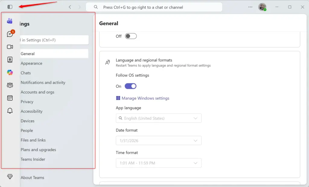 Microsoft Teams app bar collapsed on the left side of the window.