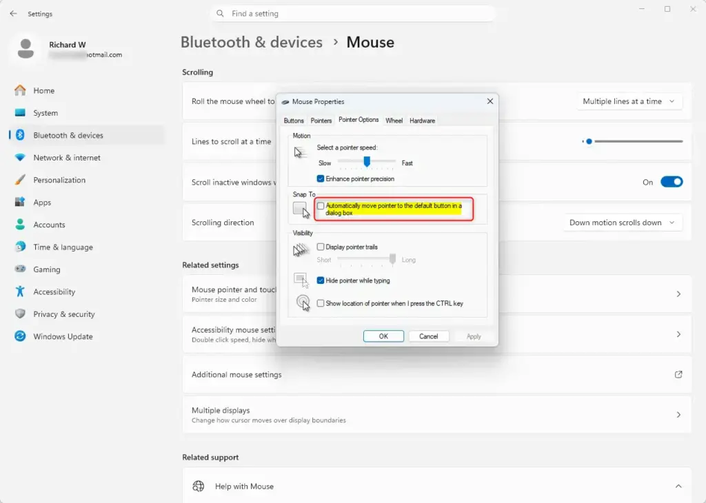 Automatically move pointer to default button option in Windows mouse settings.