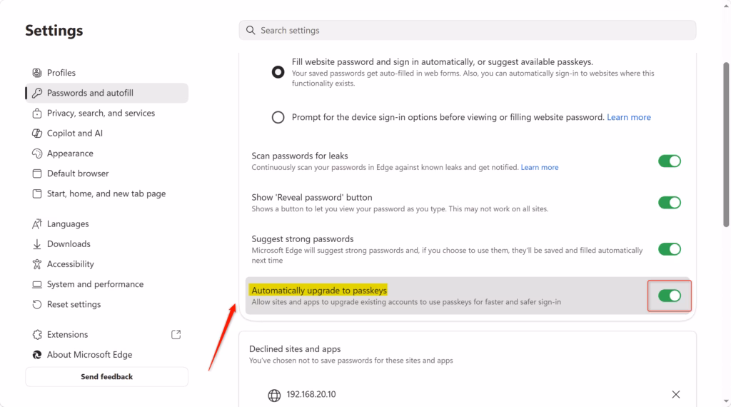 Microsoft Edge setting for automatically upgrading to passkeys.