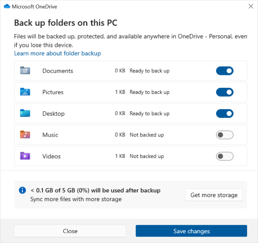 Windows 11 backup settings showing folders backed up on this PC.