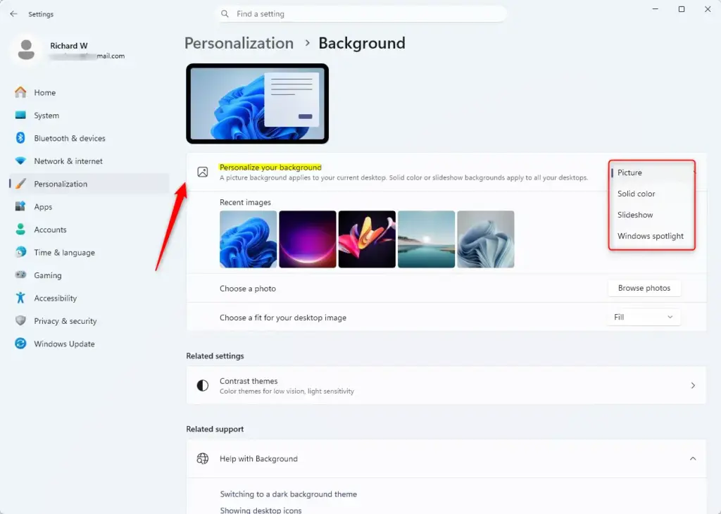 Windows 11 background options: Picture, Solid color, Slideshow.