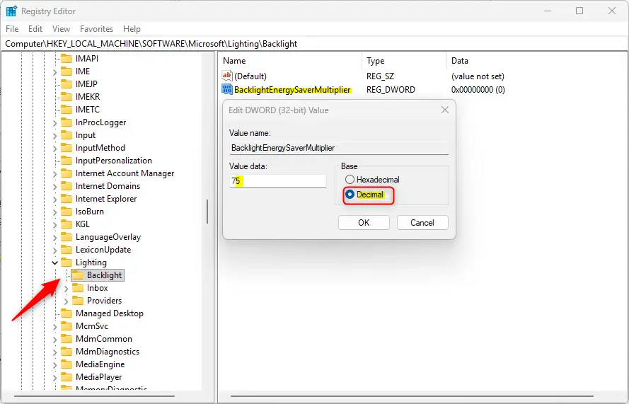 Windows 11 Energy Saver mode keyboard backlight brightness setting percentage.