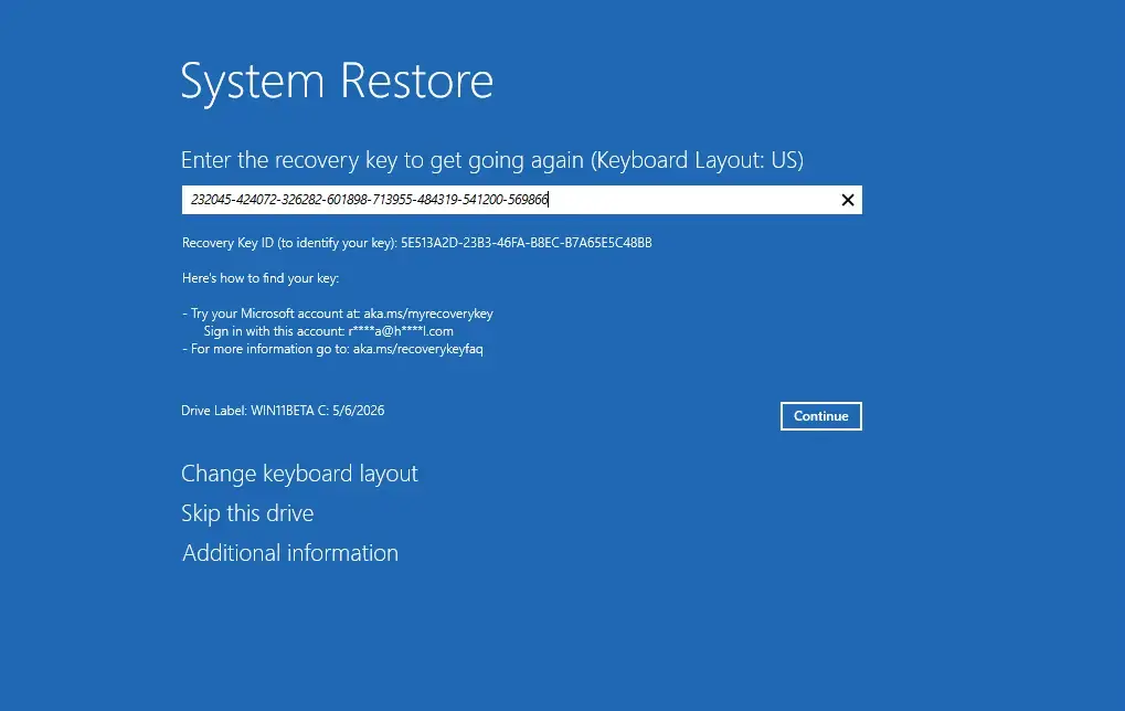 Enter BitLocker recovery key prompt in Windows RE.