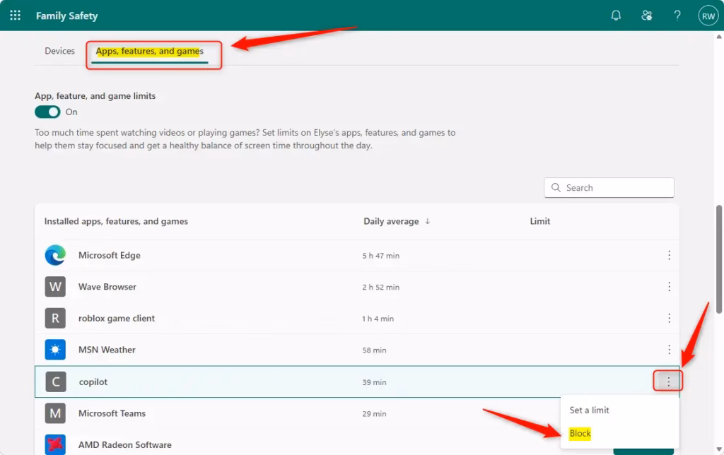 Blocking apps for a child in Microsoft Family Safety settings.