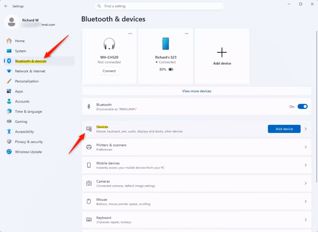 Bluetooth Devices settings tile in Windows 11.