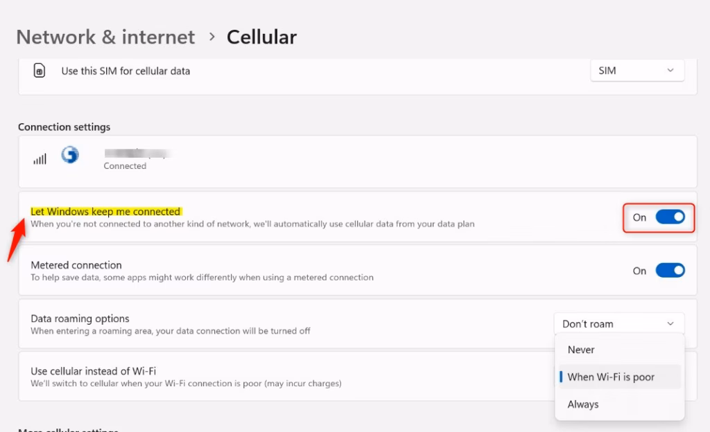 Windows 11 cellular network settings screen with connection options.