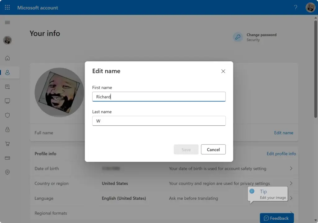 Change Microsoft account display name fields on the profile editing page.