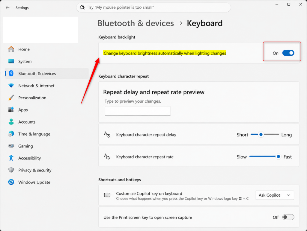Windows 11 setting to change keyboard backlight automatically.