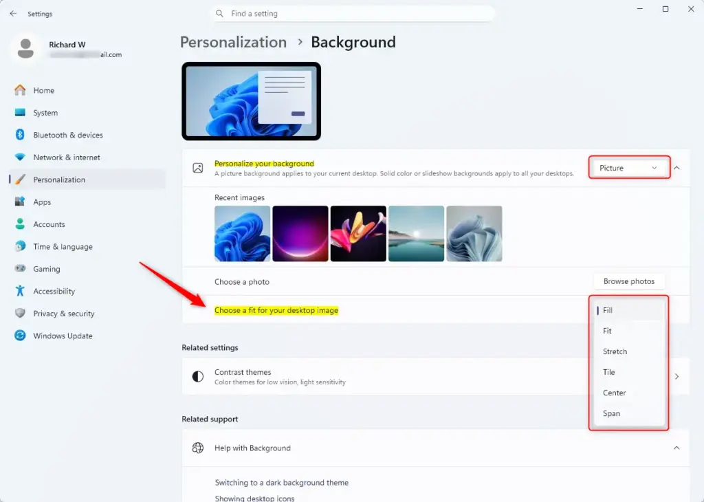 Windows 11 desktop background settings showing different image fit options.