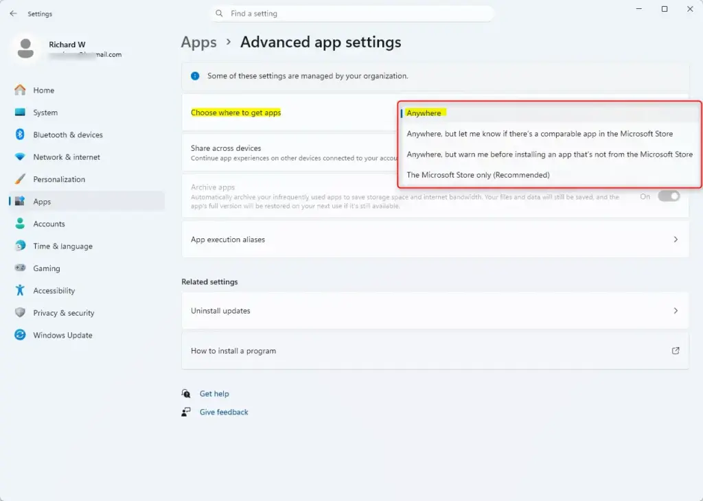 Windows 11 app settings screen with 'Anywhere' selected for app sources.