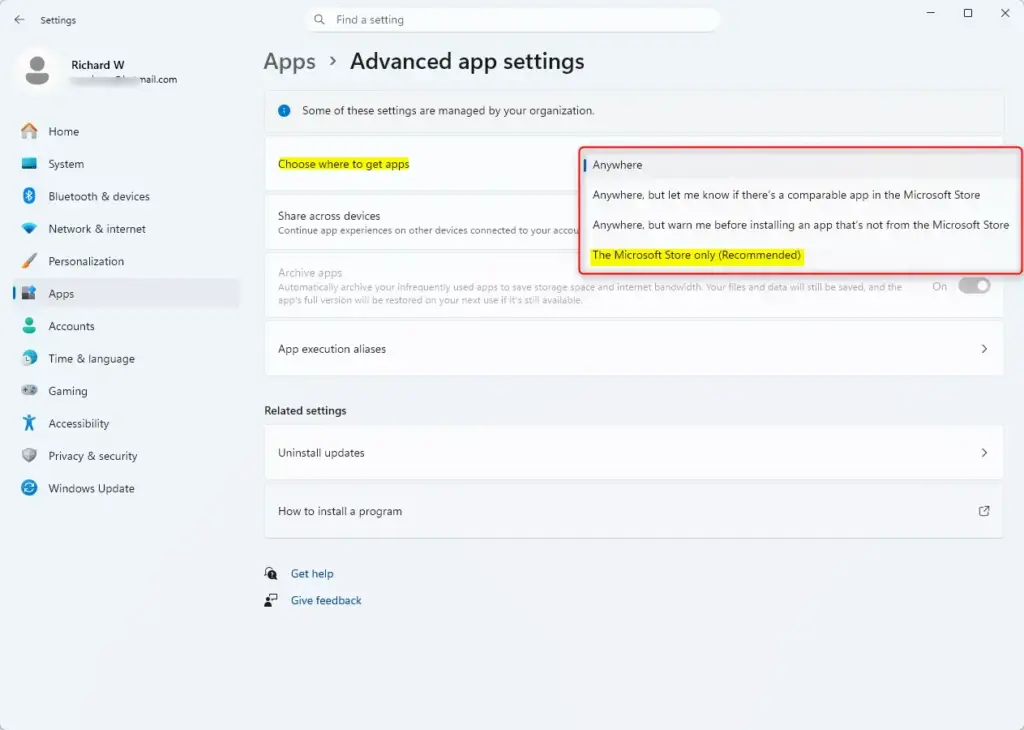 Windows 11 app settings screen with 'Microsoft Store only' selected.